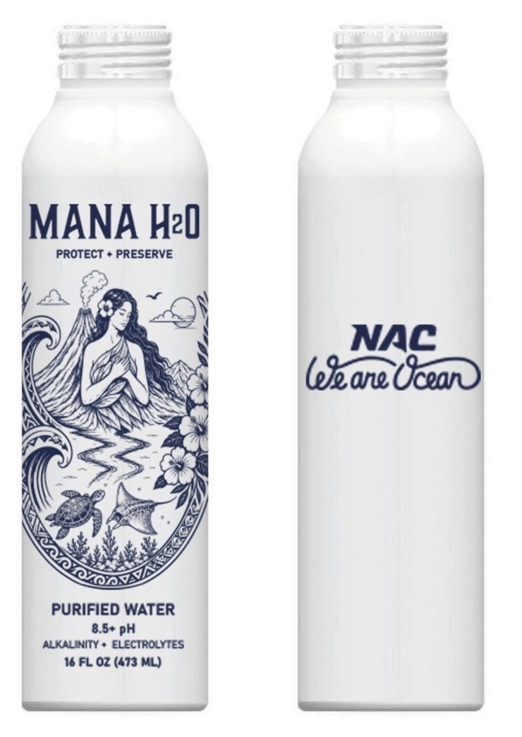 MANA H₂O co-branded aluminum bottle, front label with purified water and back panel with the NAC We Are Ocean mark